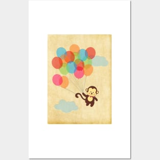 Adorable Monkey Flying Away with Balloons Posters and Art